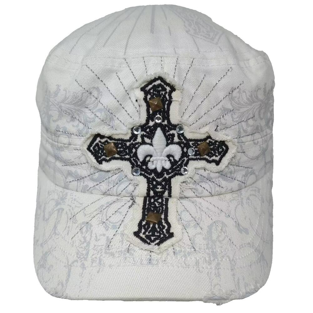 KB ETHOS Army Cap White Black Cross Fleur-de-lis Studded Embroidered Hat OS